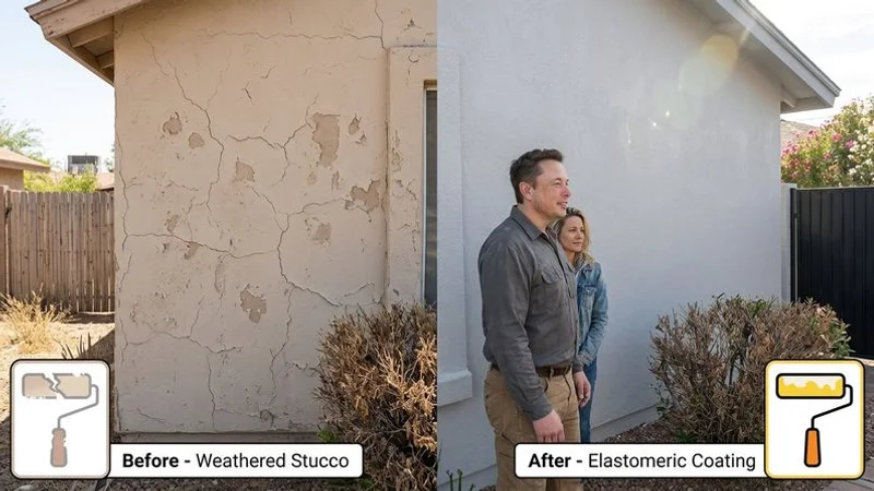 Comparison of a cracked rendered wall and a freshly coated Melbourne home after an elastomeric system was applied