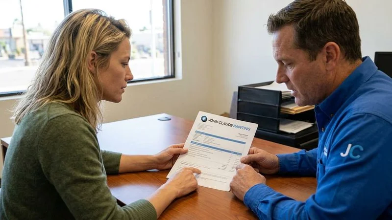 Business owner reviewing a detailed commercial painting quote at a Melbourne office
