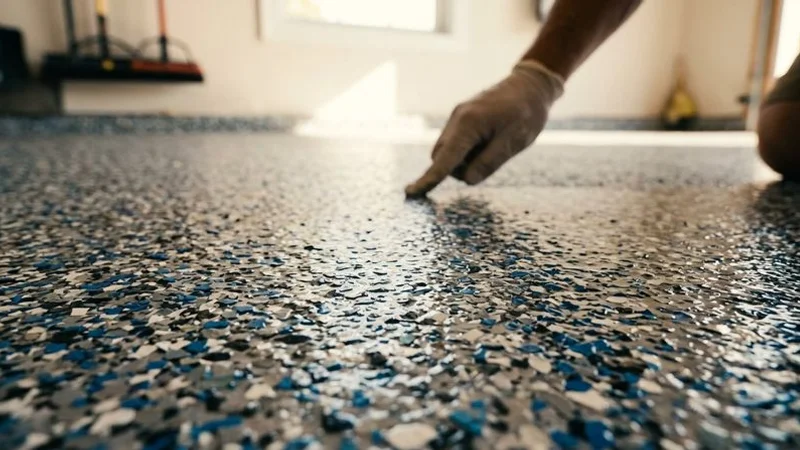 Close-up of a decorative flake epoxy floor in a Melbourne garage showing texture and colour blend