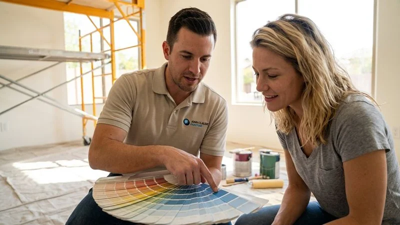 Colour consultant discussing paint samples with a Melbourne homeowner in a sunlit living room