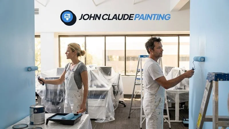 Commercial painter rolling walls in a Melbourne office with full furniture protection