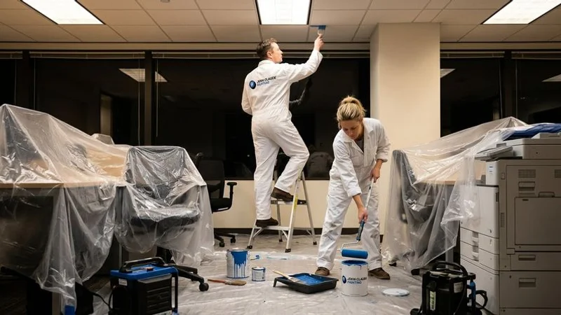 Commercial painters working after hours in a Melbourne office lobby
