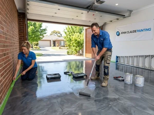 Metallic grey epoxy floor coating applied to a clean residential garage in suburban Melbourne