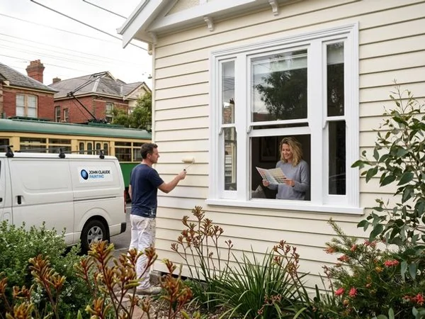 Freshly painted heritage cream weatherboard facade on a Carlton Victorian terrace with restored cast-iron lacework