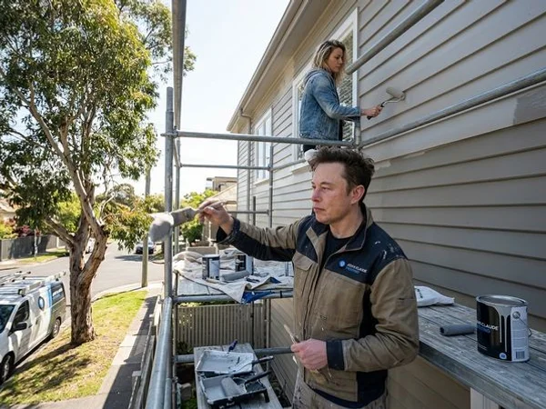 Painter on scaffolding applying premium UV-resistant paint to a two-storey Brighton beach house exterior
