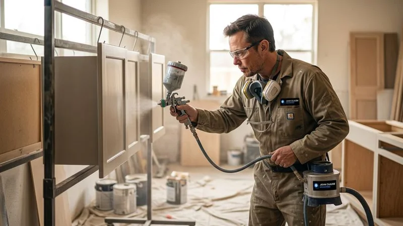 Paul Painting Melbourne crew spraying cabinet doors in a dust-controlled workshop