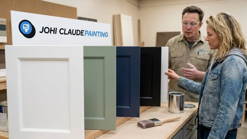 Row of painted kitchen cabinet door samples in trending Melbourne colours