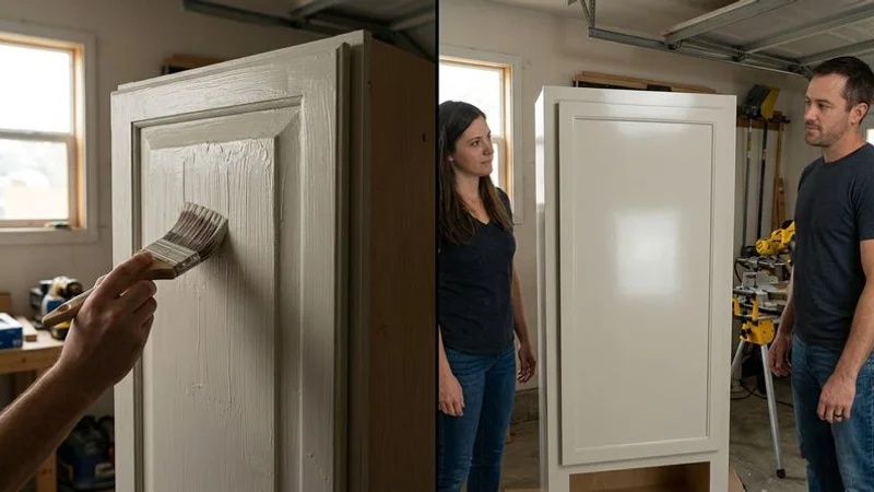 A DIY painted cabinet door next to a professionally sprayed kitchen cabinet