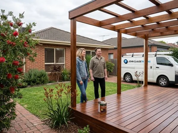 Stained and sealed merbau pergola and decking on a leafy South Yarra backyard ready for summer